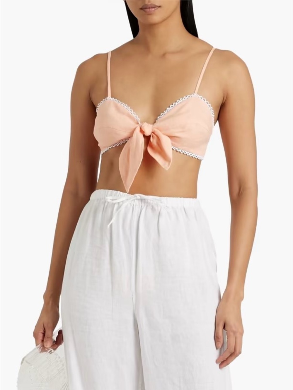 NWT Miguelina ‘Tilly’ Crochet-Trimmed Knotted Linen Bralette in “Peach Sorbet” M